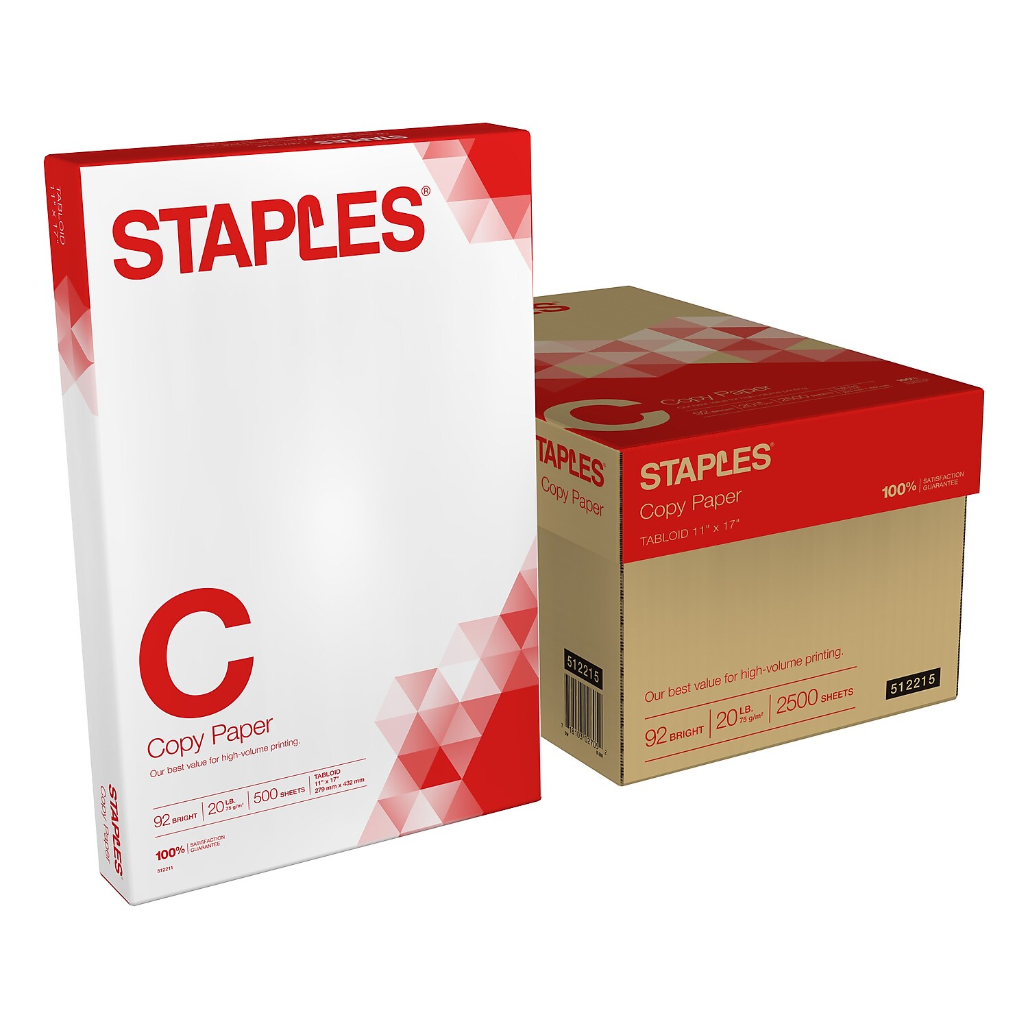 Staples 11 x 17 Copy Paper 20 lbs 92 Brightness 500/RM 5 RM/CT (512215) 